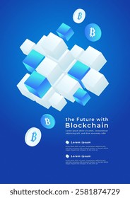 Futuristic blockchain technology concept with abstract cubes and Bitcoin symbols on a blue gradient background for poster, banner, template design. 