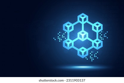 Futurista tecnología Blockchain fintech cryptocurrency blockchain servidor fondo abstracto azul digital. Los bloques vinculados contienen hash criptográfico y datos de transacciones. Ilustración del vector