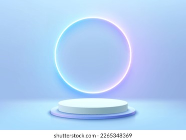 futuristic blue 3D background with cylinder pedestal podium, Neon light circle ring on the wall. Pastel minimal wall scene mockup product display. Abstract vector geometric platforms. Stage showcase.