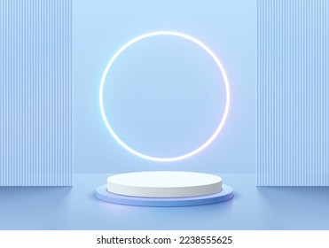 Futuristic blue 3D background with realistic cylinder pedestal podium, Glowing round circle neon and partition scene. Minimal wall scene mockup product display. Vector geometric forms. Stage showcase.