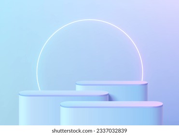 Futuristic blue 3d background with set of round podium or stand product display and glowing neon ring. Abstract composition in minimal design. Platforms cosmetic product presentation. Stage showcase.