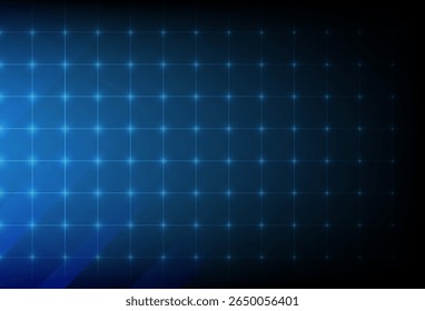 Futuristic blue abstract background features a glowing grid with illuminated intersections, fading to black.