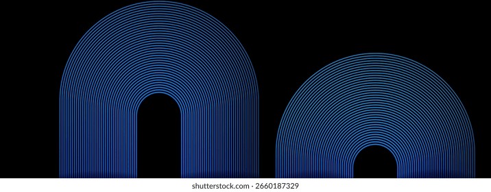 Formas de arco azul futurista con líneas circulares degradadas sobre fondo negro. Diseño abstracto mínimo ideal para tecnología, arte digital o fondos. Vector EPS10.

