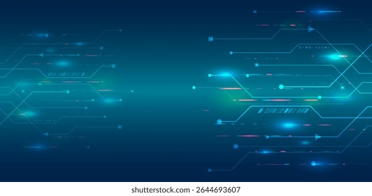 Futuristisch blauer Hintergrund mit Leiterplatte und digitalen Elementen, die Wachstum, Entwicklung und Technologie symbolisieren. Ideal für Geschäftspräsentationen, Banner und IT-Design.