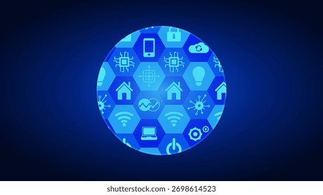 O design de fundo azul futurista apresenta um padrão hexagonal com ícones de tecnologia moderna. Simboliza inovação, conectividade e avanço digital.