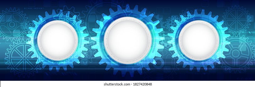 Futuristic blue background with gears and cogwheels. Modern hi-tech illustration. Sci-fi Technology communication concept.