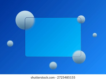 Fondo azul futurista con efecto de morfismo de vidrio y esferas flotantes de color azul claro. Eps 10
