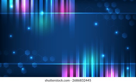 Fundo azul futurista com linhas brilhantes, hexágonos e efeitos de luz. Design de tecnologia abstrato para interfaces digitais, inovação e apresentações modernas.