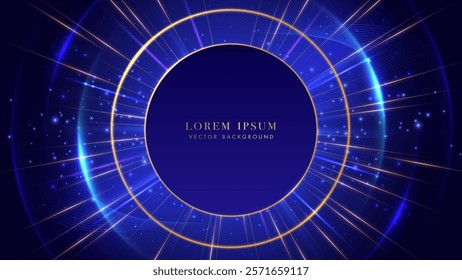 Futuristic blue background with golden ring, glowing radius, dynamic light beams, and sparkling effects. Vector illustration