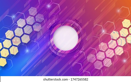 Futuristisch blauer Hintergrund mit Hexagonen und glühenden Technologielinien. Farbvolle moderne High-Tech-Illustration.
