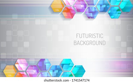 Fondo azul futurista con hexágonos y cuadrados. Colorida ilustración moderna de alta tecnología.