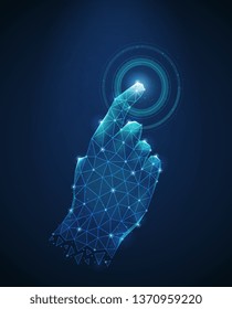 Futuristic blue background with polygonal wireframe image of human hand touch to electronic display abstract vector illustration