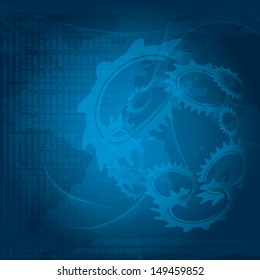 Futuristic blue background with world map and gears