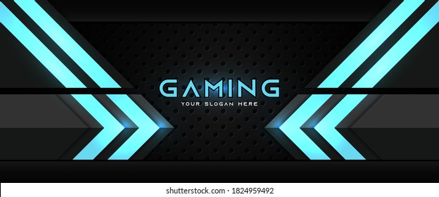Futuristic blue and black abstract gaming banner design template with metal technology concept. Vector graphic for business corporate promotion, game header social media, live streaming background