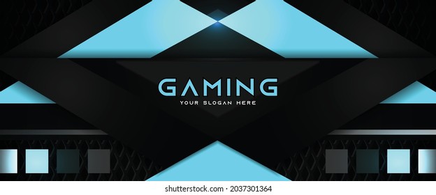 Futuristic blue and black abstract gaming banner design with metal technology concept. Vector illustration for business corporate promotion, game header social media, live streaming background