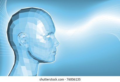 A futuristic blue business background featuring an avatars face made of polygons