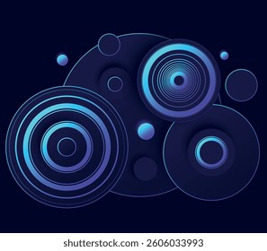 Futuristic Blue Circles and Orbs in Space. This digital artwork features glowing blue circles and orbs floating in a cosmic space-like environment, evoking a futuristic and technological feel.