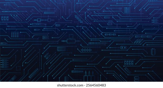 Futuristic blue circuit board background showcasing abstract digital patterns, electronics, AI, and data systems. For modern technology, innovation, and cyber-themed designs. Technology background