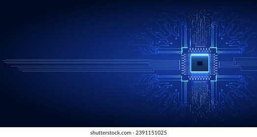 Futuristic blue circuit board with a central microchip, ideal for technology and science-related designs