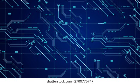Patrón de Vector de línea de circuito azul futurista. Patrón de línea de circuito azul futurista con rejilla de tecnología brillante y estilo de placa base digital
