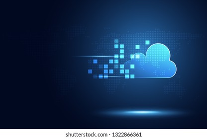 Futuristic Blue Cloud With Pixel Digital Transformation Abstract New Technology Background. Artificial Intelligence And Big Data Concept. Business Industry 4.0 And 5g Wifi Data Storage Communication. 