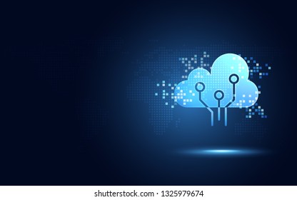 Futuristic blue cloud with pixel digital transformation abstract new technology background. Artificial intelligence and big data concept. Business industry 4.0 and 5g wifi data storage communication. 