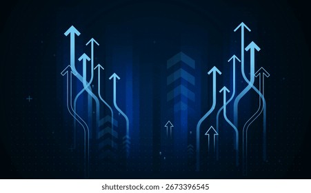 A futuristic blue design features arrows pointing upward, representing innovation, multiple pathways to progress. Glowing arrows rise upward with growth business concept