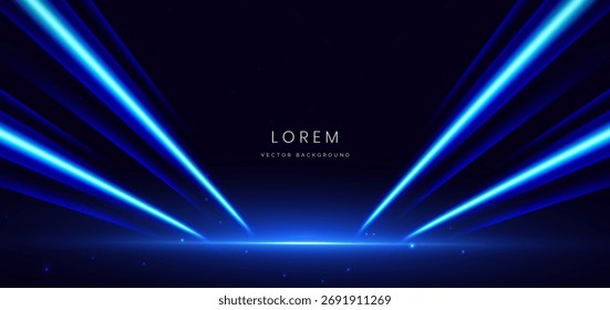Feixe diagonal azul futurista com efeito de iluminação sobre fundo escuro. Conceito de movimento em alta velocidade. Ilustração vetorial