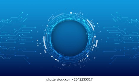 Futuristic blue digital background with abstract circuit lines and a circular HUD interface. Ideal for tech presentations, cybersecurity themes, and innovation-related designs.