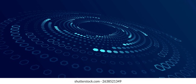 Futuristic blue digital technology background with glowing hexagonal patterns arranged in concentric circles. Abstract AI data flow and digital communication. Vector illustration.