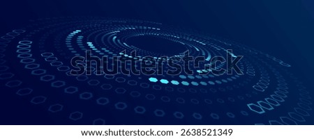 Futuristic blue digital technology background with glowing hexagonal patterns arranged in concentric circles. Abstract AI data flow and digital communication. Vector illustration.