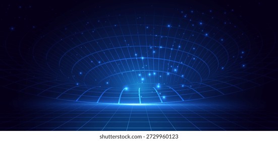 Futuristische blaue digitale Tunnellinien mit Lichteffekt glitzern auf dunklem Hintergrund. Technologie digitales Datenkommunikationskonzept. Vektorgrafik