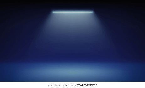 Futuristic blue dim stage background. Room illuminated by neon, modern cyan led spotlight. Showcase. Minimalistic backdrop design for displaying products, presentation, advertising. Vector