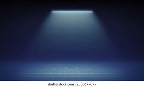 Futuristic blue dim stage background. Room illuminated by cyan neon, led spotlight, grid floor. Minimalistic backdrop design for displaying products, presentation, advertising. Showcase. Vector