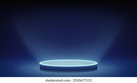 Futuristic blue dim stage, glowing podium. Blue room, round neon pedestal podium illuminating advertised product from below. Background. Displaying products, presentation. Showcase. Backdrop. Vector