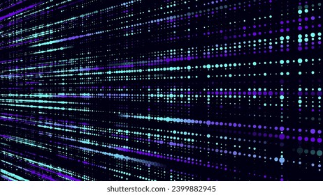 Futuristic blue dots background. Abstract glitch background. Texture corrupted binary code. Technology of many glowing particles. Artificial intelligence. Big data visualization. Vector illustration.