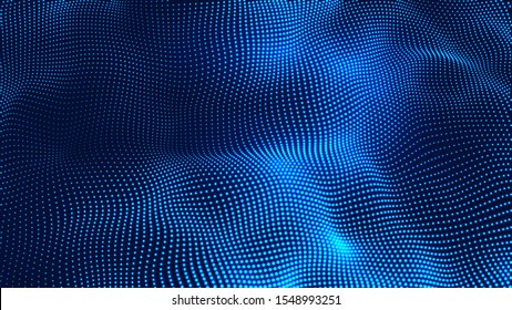 Futuristic blue dots background with a dynamic wave. Digital technology wave. Big data visualization. Vector illustration.