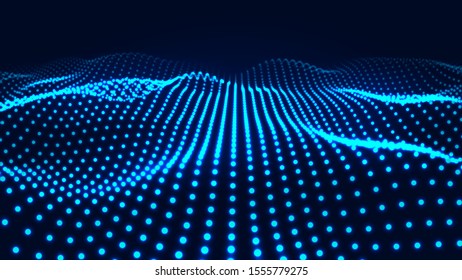 Futuristic blue dots background with a dynamic wave. Digital technology wave. Big data visualization. Vector illustration.