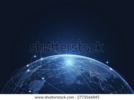 Futuristic blue earth with data communication mesh and glowing nodes. Global network connection and digital technology background.