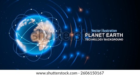 Futuristic Blue Earth Planet: Abstract Cosmic Background with Stars, Glowing Rays, Satellites, Rockets, and Science Energy Plasma. Vector.