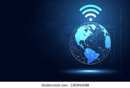 Futuristic blue earth with Wifi internet abstract technology background. Artificial intelligence digital transformation and big data concept. Business quantum internet network communication concept