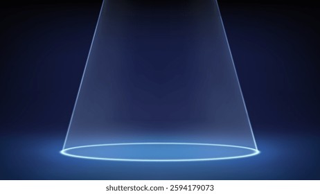 Futuristic blue empty dim stage studio. Laser spotlight illuminates circle on floor. Blue background for displaying products, advertising, presentation. Backdrop. Showcase. Vector illustration