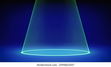 Futuristic blue empty stage studio. Laser green spotlight illuminates circle on floor. Blue background for displaying products, advertising, presentation. Backdrop. Showcase. Vector illustration