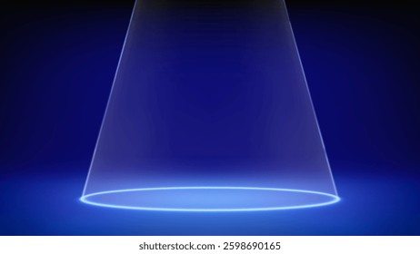 Futuristic blue empty stage studio. Laser spotlight illuminates circle on floor. Blue background for displaying products, advertising, presentation. Backdrop. Showcase. Vector illustration