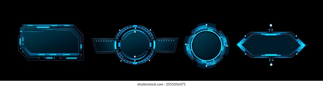 Futuristic blue frames with neon glowing tech elements on black backdrop. Various geometric shapes - circular, rectangular, hexagonal game borders. Realistic sci fi hud interface design overlay.