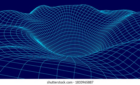 Embudo azul futurista. Túnel de viaje de espacio con marco de cables. Agujero de gusano azul abstracto con deformación superficial. Ilustración vectorial.