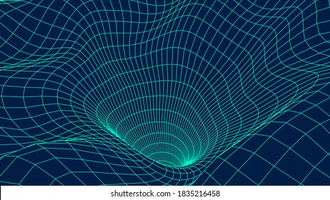 Futuristic blue funnel. Wireframe space travel tunnel. Abstract blue wormhole with surface warp. Vector illustration.