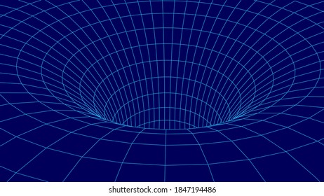 Embudo azul futurista. Túnel de viaje de espacio con marco de cables. Agujero de gusano azul abstracto con deformación superficial. Ilustración vectorial.