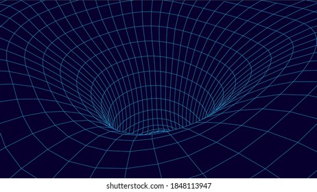 Futuristic blue funnel. Wireframe space travel tunnel. Abstract blue wormhole with surface warp. Vector illustration.