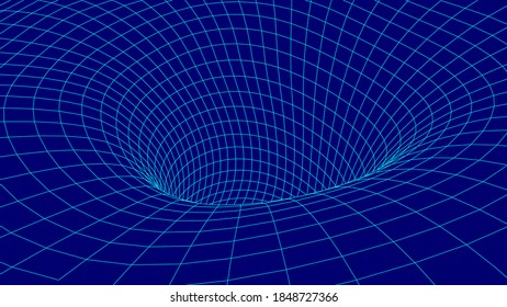 Embudo azul futurista. Túnel de viaje de espacio con marco de cables. Agujero de gusano azul abstracto con deformación superficial. Ilustración vectorial.